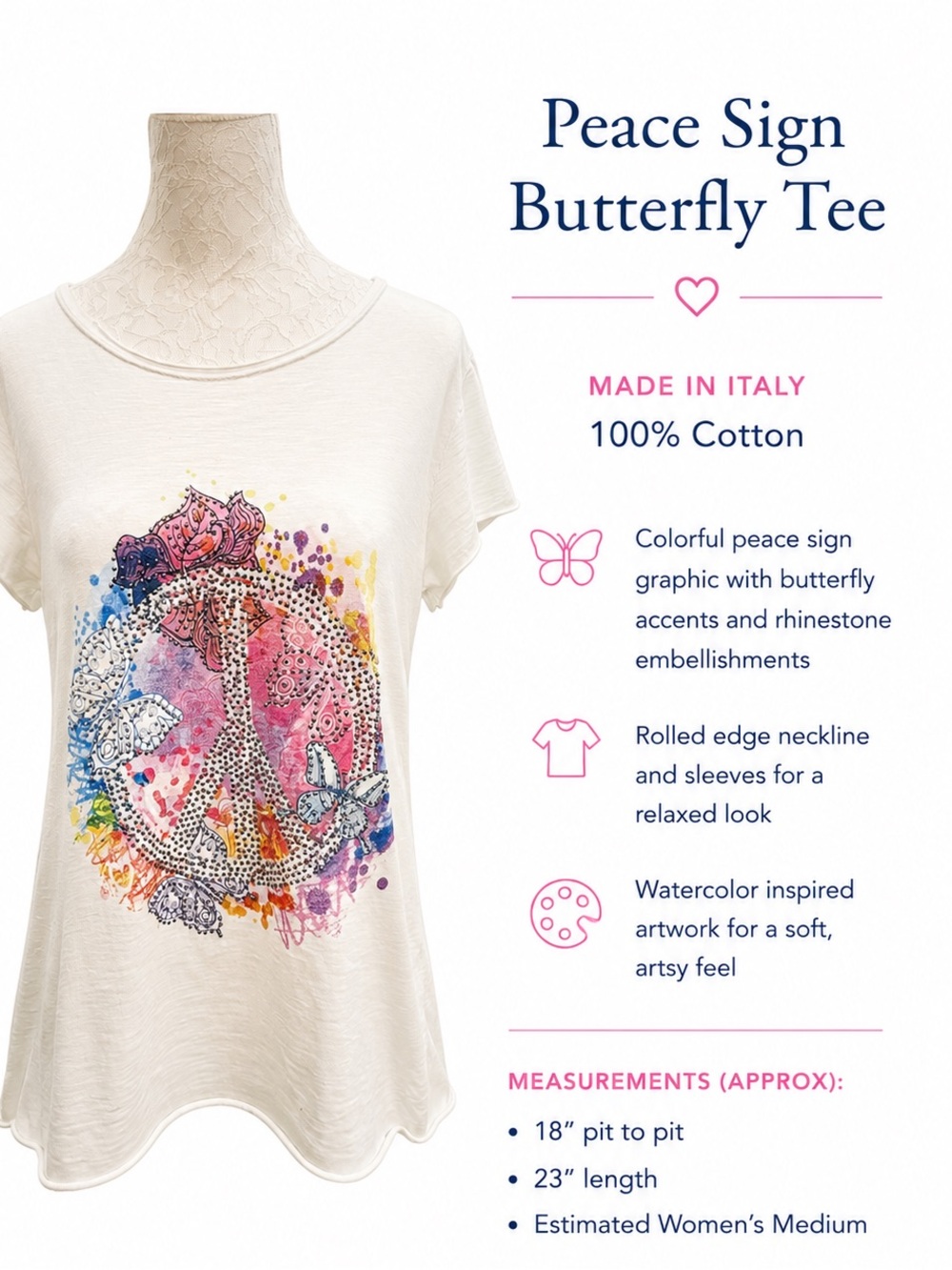 Peace Sign Butterfly Tee - White - MADE IN ITALY